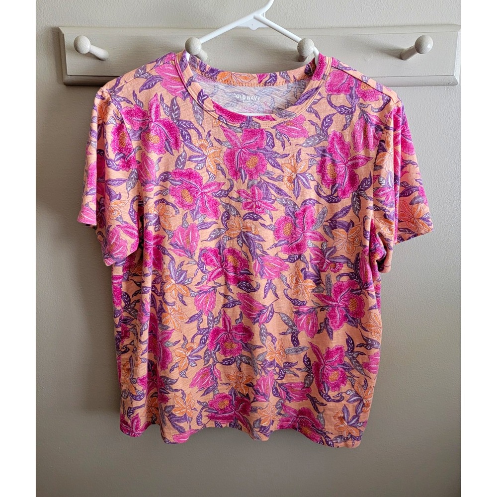 Old Navy Women's L Pink Peach Floral Crew Neck Short Sleeve T-Shirt Tropical EUC